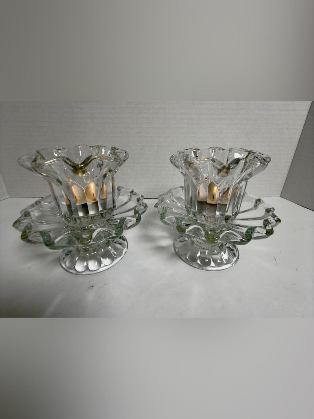 Clear Ruffled Glass Tea Light Candle Holders - Pair